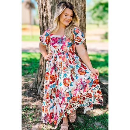 White Floral Square Neck Puff Sleeve Flowy Plus Size Midi Dress