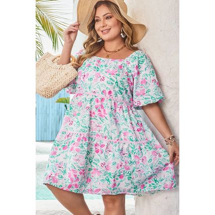 White Floral Print Ric-rac Trim Square Neck Plus Size Mini Dress