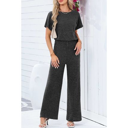Dark Grey Ribbed Keyhole Short Sleeve Wide Leg Jumpsuit