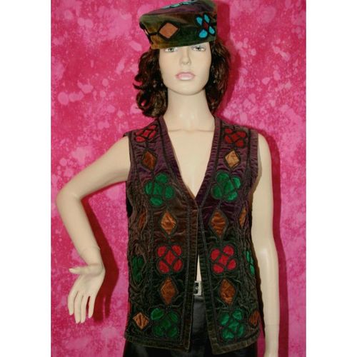 Vintage 1960 1970 Velvet Waistcoat Size 12 14 Emerald Gold Red Hippy