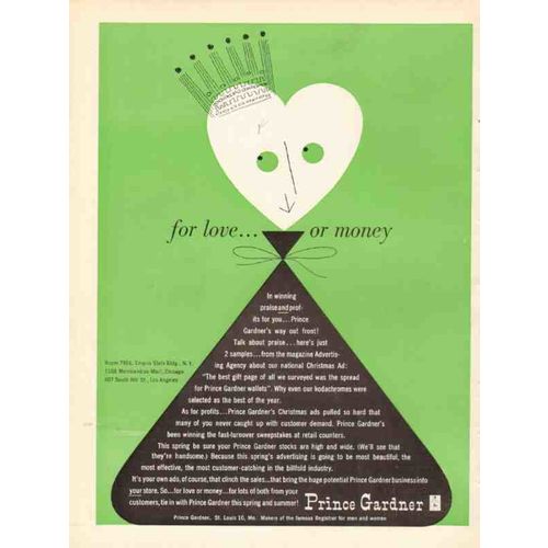 prince gardner inc 1950 love money personal leather goods vintage ad