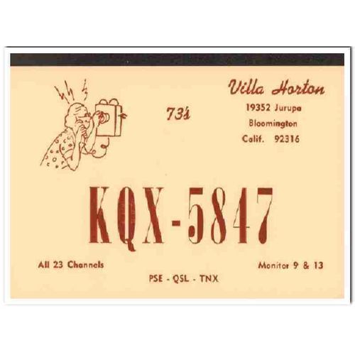 kqx-5847 villa horton bloomington calif 1960s cb qsl vintage postcard