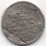 Coins. Decimal 1970 Elizabeth II. 5 New Pence. (Damaged)