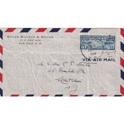 United States 1939 Stagg Mather & Hough San Juan PR air Cover written creased