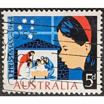 STAMP Australia SG372 1964 5d Christmas Child looking at Nativity Scene Used