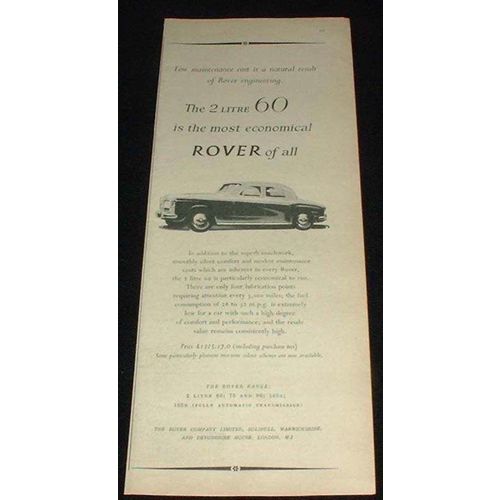 1958 Rover 2 Litre 60 Car Ad, Most Economical of All!!