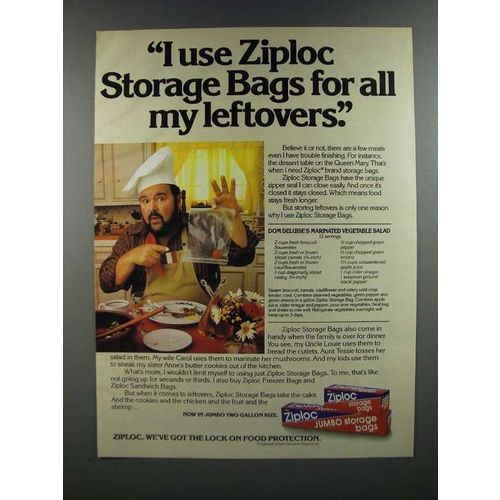 1986 Ziploc Freezer Bags Ad - Dom Deluise's Marinated Vegetable Salad recipe