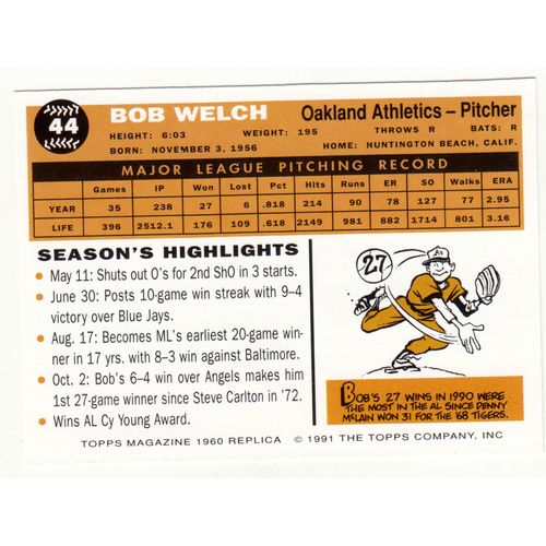 1991 Topps Magazine baseball TM44 Bob Welch insert card –NM- Athletics