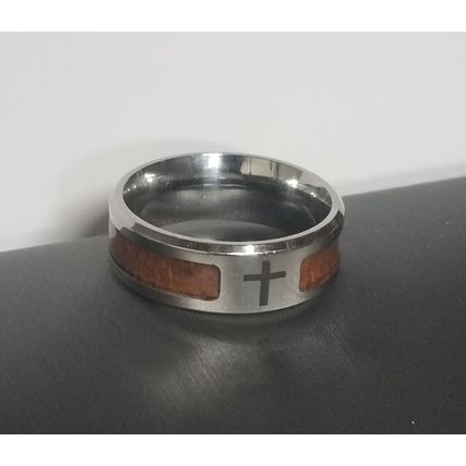 Kyle Titanium Ring w/ Wood Inlay & Christian Cross Size 13