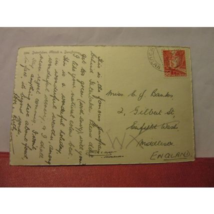 MONCH & JUNGFRAU, INTERLAKEN, SWITZERLAND used postcard 1937? postmark /