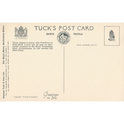 PC21352 Royal Semi State Road Landau and Four Bay Horses. Tuck