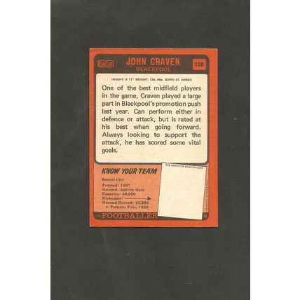 A&BC Orange Back Football 1970-71 #136 John Craven Blackpool