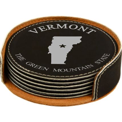 State Outline with Motto 4" Round Leather 6-Coaster Set with Holder