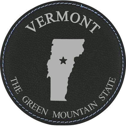 State Outline with Motto 4" Round Leather 6-Coaster Set with Holder