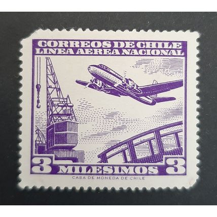 Chile: 1960 - Air Mail 3M Violet Airplane and Crane - MNH Stamp