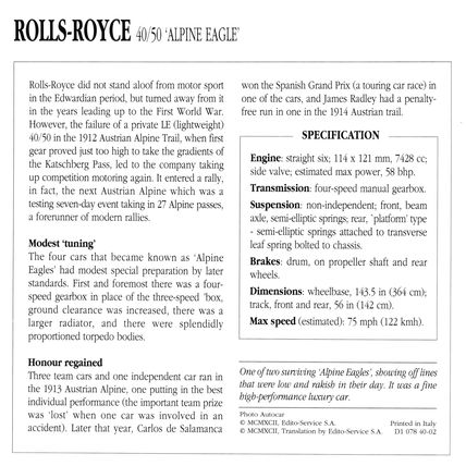 Collectors Club card. Classic Cars. Rolls-Royce 40/50 “Alpine Eagle”