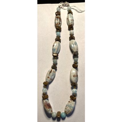 Turquoise Colored Porcelain & Chysanthemum Stone Beaded Necklace # 3197-17"