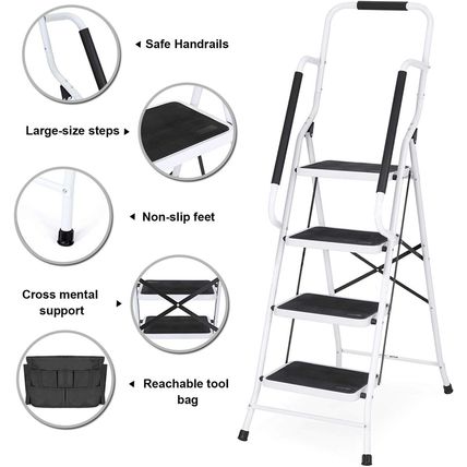 Wiberwi 4 Step Ladder with Handrails 500 Lb Capacity Step Stool Folding Portable