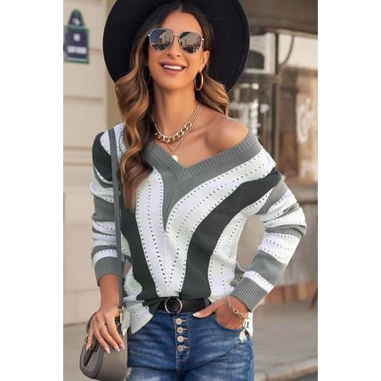 Gray Striped Colorblock V Neck Knitted Sweater