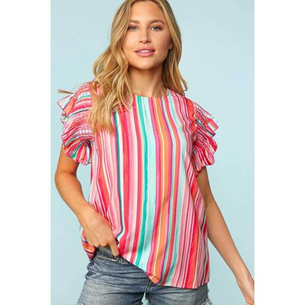 Stripe Abstract Print Stitching Ruffle Sleeve Blouse