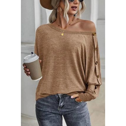 Khaki Solid Color Button Decor Dolman Sleeve Top