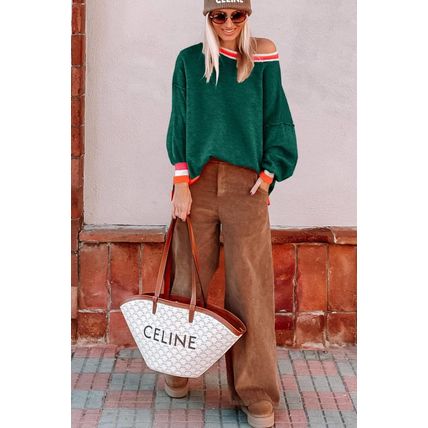 Blackish Green Colorblock Striped Trim Drop Shoulder Sweater