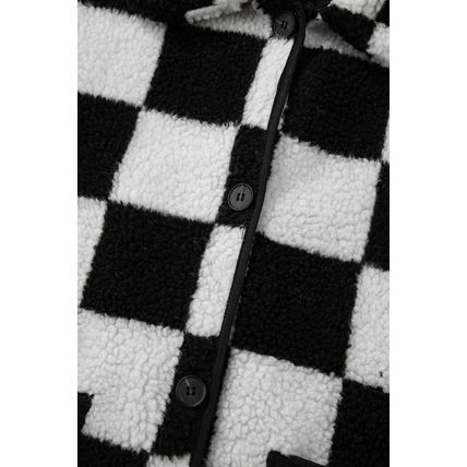 Black Checkered Side Pockets Collared Buttoned Fleece Jacket