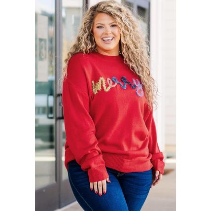 Fiery Red Tinsel merry Pattern Drop Shoulder Plus Size Sweater