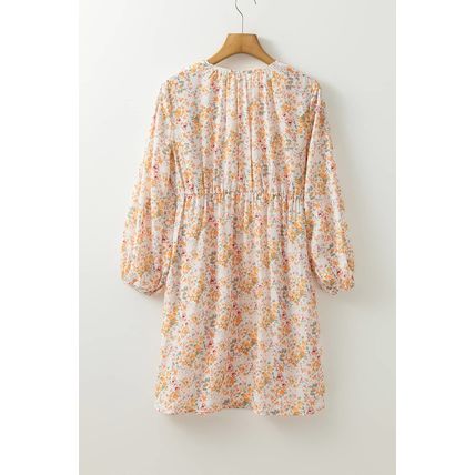Yellow Boho Floral V Neck Ruffled Empire Waist Long Sleeve Mini Dress
