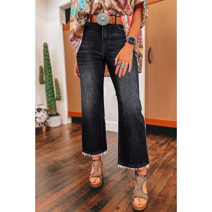 Carbon Grey Mineral Wash Raw Hem High Waist Flared Jeans