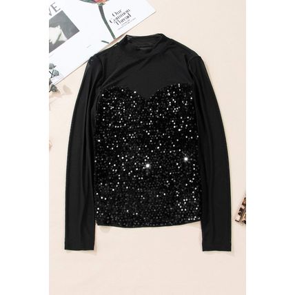 Black Sequin Velvet Sheer Mesh Mock Neck Blouse