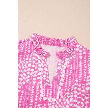Pink Abstract Print Ric Rac Trim Flutter Sleeve Notch V Neck Blouse