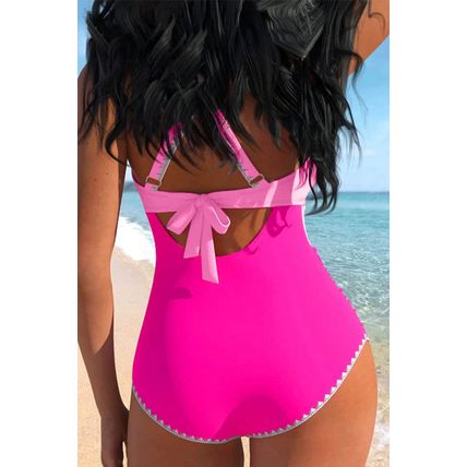 Rose Red Ric Rac Trim Contrasted Patchwork Cutout One Piece Swimsuit