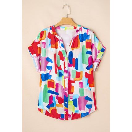 Colorful Brush Stroke Printed Plus Size Button Split Neck Blouse