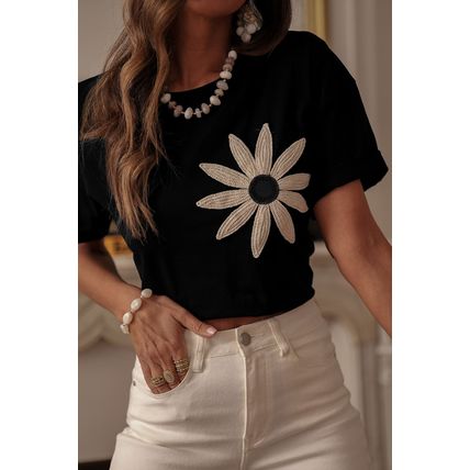 Black Contrast Crochet Floral Graphic Drop Shoulder Loose Tee
