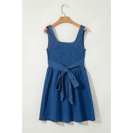 Sail Blue Square Neck Bowknot A-line Sleeveless Denim Dress