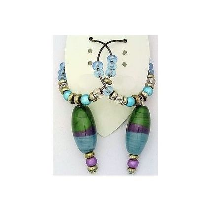 Blue Green Art Glass Bead Hoop Dangle Earrings