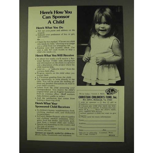 1975 Christian Children's Fund Ad - Can Sponsor A Child