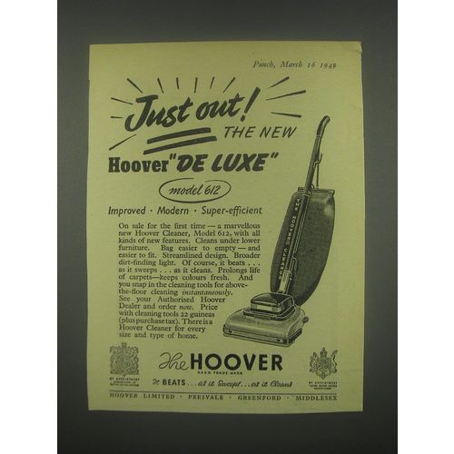 1949 Hoover Model 612 Vacuum cleaner Ad - Just out! The new Hoover de luxe
