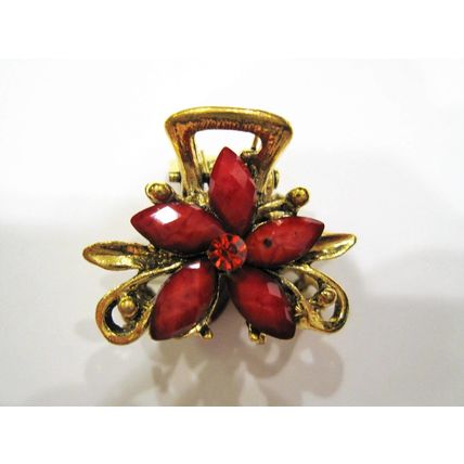 Small mini metal jeweled antique bronze flower hair claw clip