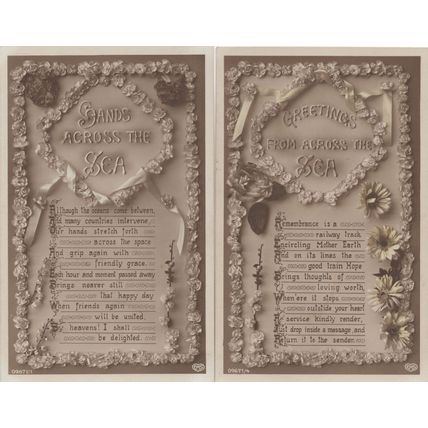 Greetings Hands From Across The Sea 2x Antique Railway Postcard s