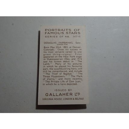 1935 Gallaher Portraits of Famous Stars Card # 15 of 48 D. Fairbanks VG (3)