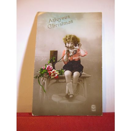 GIRL WITH ANTIQUE TELEPHONE, CHRISTMAS GREETINGS used antique postcard 1921 pm =