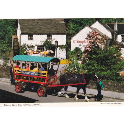 Polperro Horse Bus Cornwall Postcard posted 1997 creased