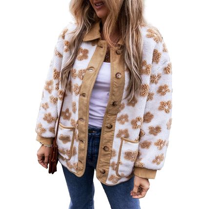 Light French Beige Cute Flower Pattern Button Up Fleece Jacket