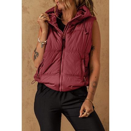Clay Zip-up Side Pockets Hooded Puffer Vest