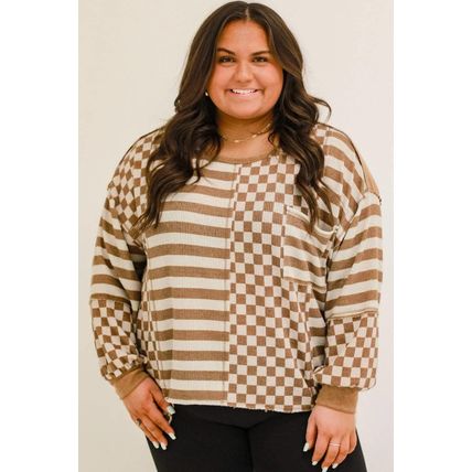 Khaki Striped Checkered Mixed Print Chest Pocket Casual Plus Size Top