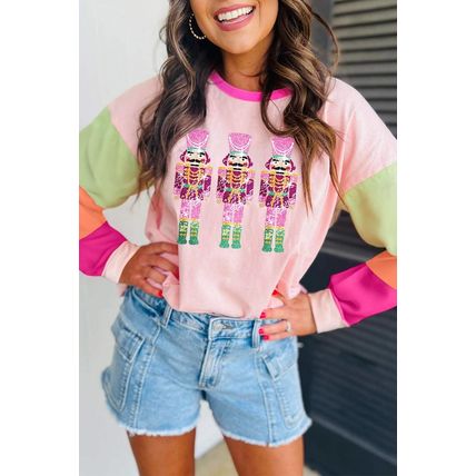 Pink Christmas Sequin Nutcracker Graphic Colorblock Long Sleeve Top