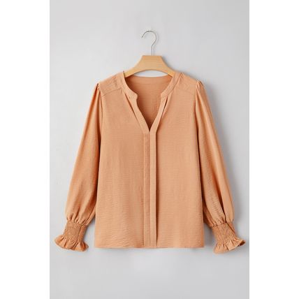 Straw Yellow Solid Color Shirred Cuff Notch V Neck Blouse