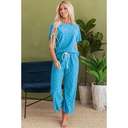 Blue Leopard Jacquard Short Sleeve Top and Wide Leg Pants Set